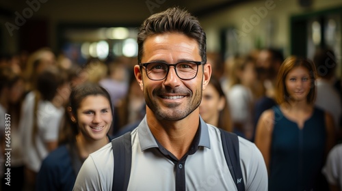 Confident man stands out in busy crowd, radiating charisma.