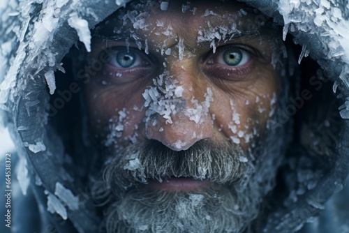 The portrait of a homeless freezing man, eyes and eyebrows covered in ice, close up face