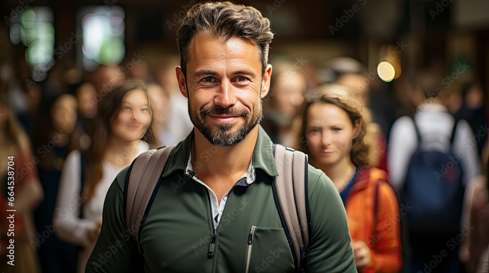 Confident man stands out in busy crowd, radiating charisma. Confident man stands out in busy crowd, radiating charisma.