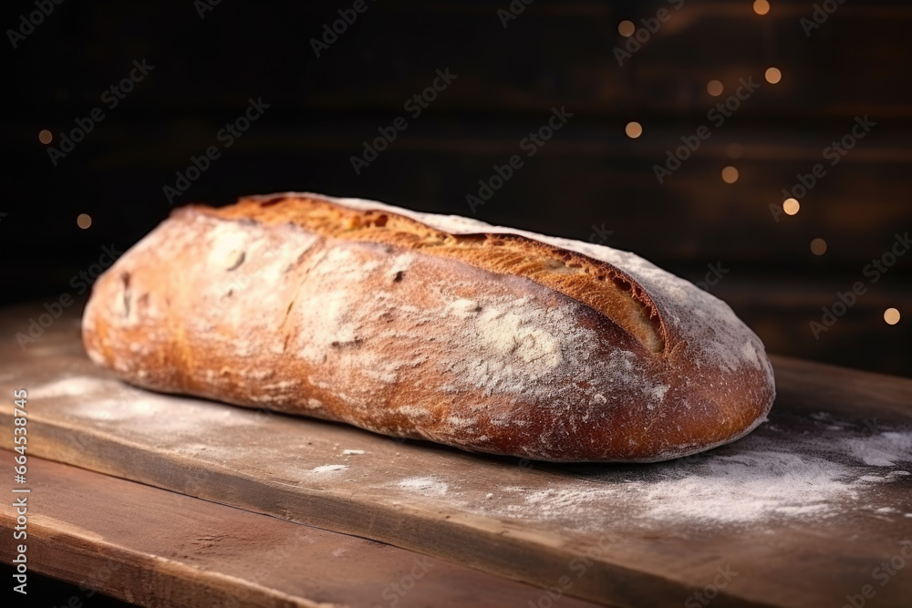 Fresh home baked loaf of bread on the wooden table close up