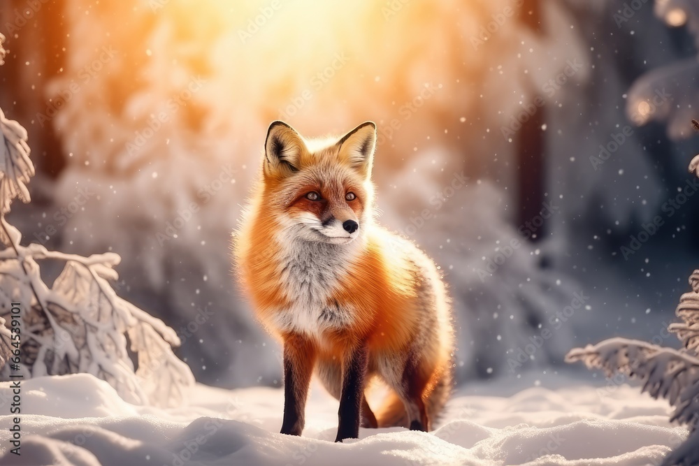 Beautiful vulpes fox against the backdrop of a snowy winter forest with a bushy tail, hunting in the freshly fallen snow in the park. wild forest animals.