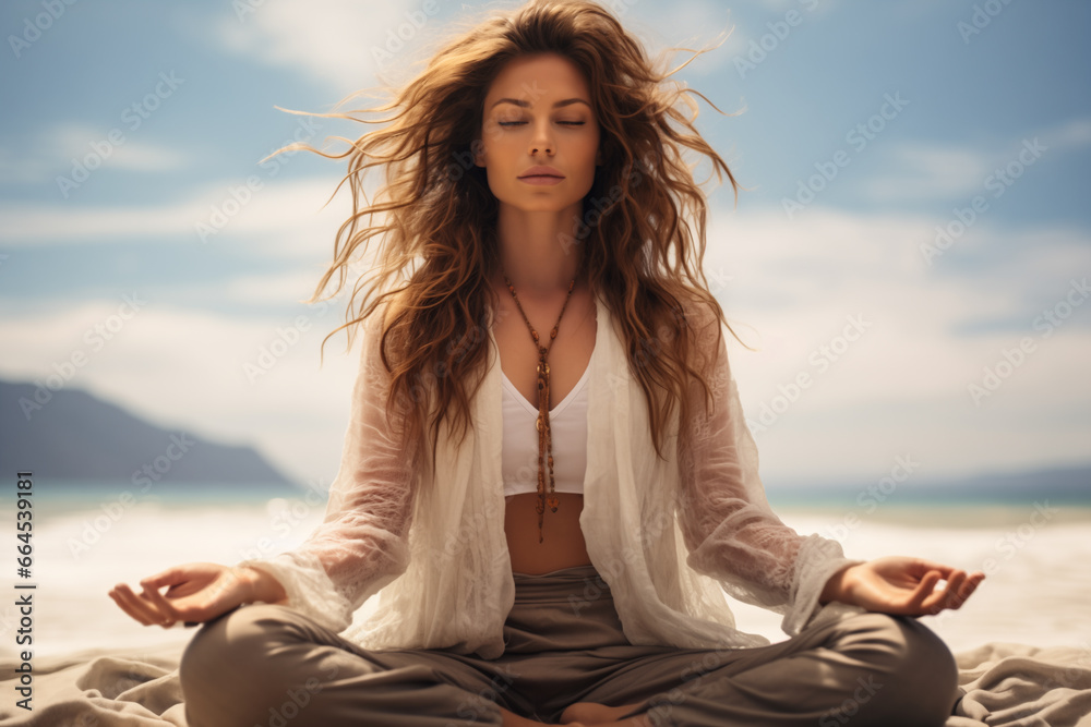 Young girl with flowing hair in lotus position on the ocean shore