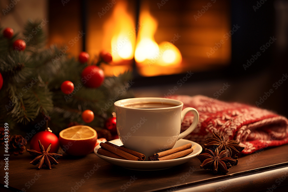 cup of tea against a background of Christmas lights cup of tea against a background of Christmas lights