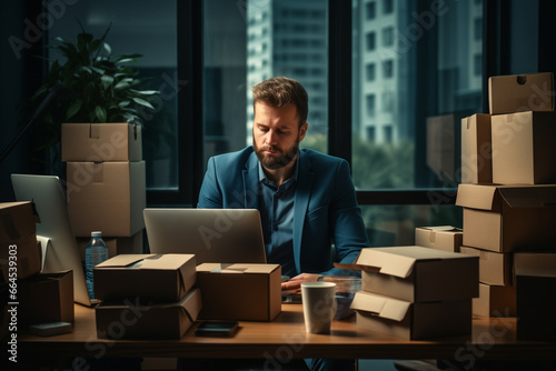 man in the office at a table filled with cardboard boxes photo