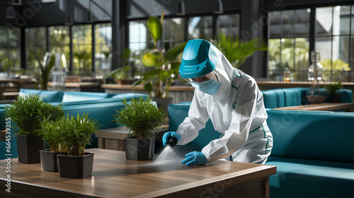 A cleaning service worker in protective overalls disinfects tables and other surfaces in a modern room.