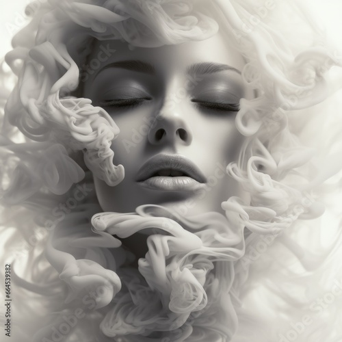 A beautiful woman's face shrouded in smoke. Abstract image of dreams, memories, feminine beauty.