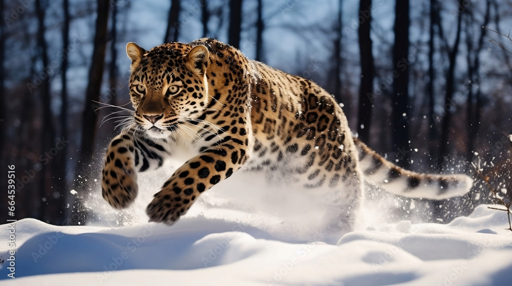 Majestic Leap of an Amur Leopard in Snowy Wilderness - Perfect for Wildlife Documentaries, Environmental Awareness Campaigns, and Winter-Themed Artistic Projects Majestic Leap of an Amur Leopard in Snowy Wilderness - Perfect for Wildlife Documentaries, Environmental Awareness Campaigns, and Winter-Themed Artistic Projects