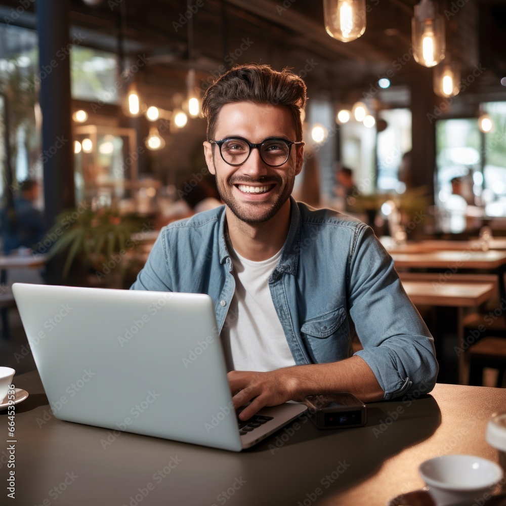 young man smiling in a cafe at a table young man smiling in a cafe at a table