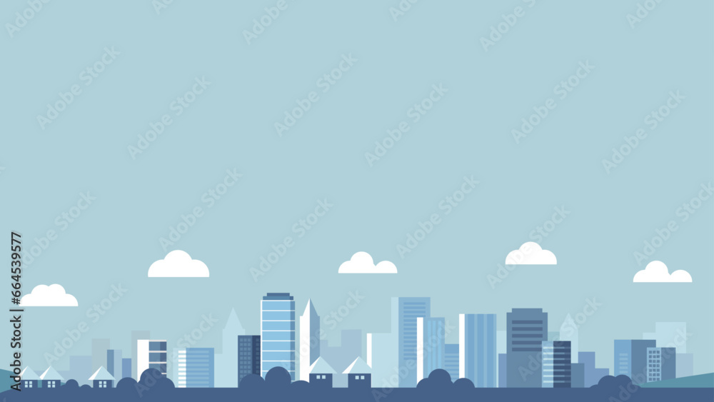 Vector urban building skyline bakground illustration with clouds and building and house