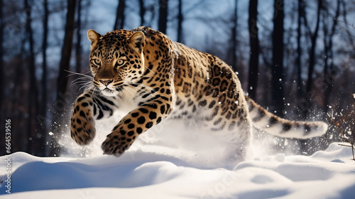Majestic Leap of an Amur Leopard in Snowy Wilderness - Perfect for Wildlife Documentaries  Environmental Awareness Campaigns  and Winter-Themed Artistic Projects