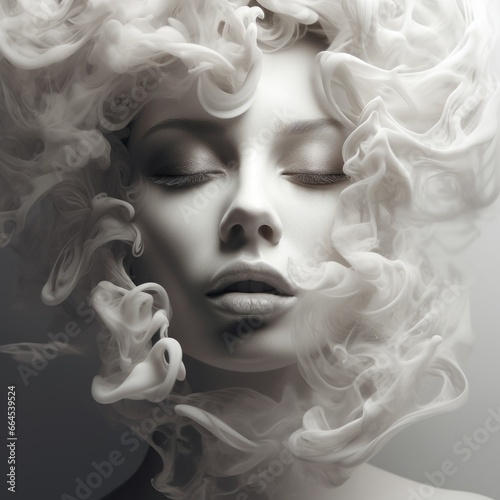 A beautiful woman's face shrouded in smoke. Abstract image of dreams, memories, feminine beauty.