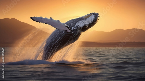 Sunset Spectacle of a Blue Whale Breaching Ocean Surface - Perfect for Marine Biology Education, Environmental Awareness Campaigns, and Ocean-Themed Artistic Endeavors