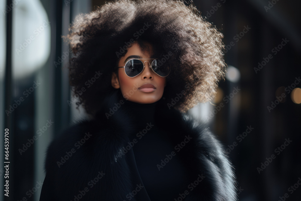 Confident young dark-skin woman wearing sunglasses and black chic faux fur coat in an urban setting. Confident young dark-skin woman wearing sunglasses and black chic faux fur coat in an urban setting.