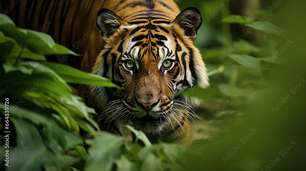 Majestic Stare: Sumatran Tiger Amidst Jungle Foliage - Perfect for Wildlife Documentaries, Environmental Awareness Campaigns, and Jungle-Themed Artistic Endeavors Majestic Stare: Sumatran Tiger Amidst Jungle Foliage - Perfect for Wildlife Documentaries, Environmental Awareness Campaigns, and Jungle-Themed Artistic Endeavors