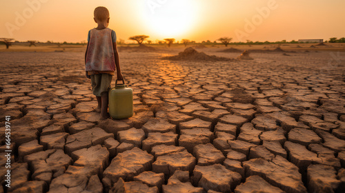 A boy suffering from drought. A boy walking on a barren land with a canister waiting for water.