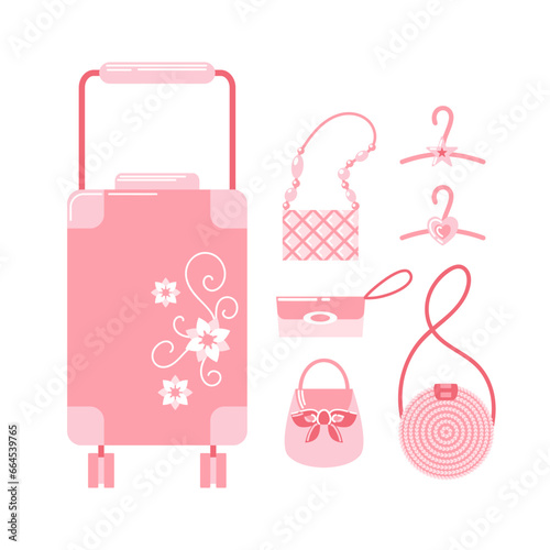 A set of various ladies handbags. Clutch, eco-friendly wicker knitted round jute bag. Travel suitcase on wheels with floral print. Pink set of items for a doll. Hangers for dresses