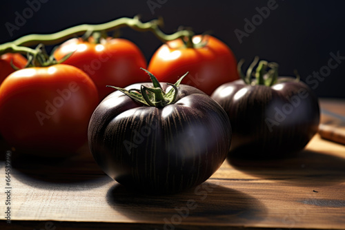 Fresh black tomatoes on the table close up