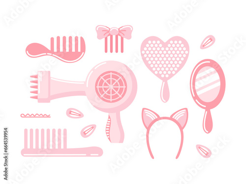 Pink doll set of hair styling accessories. Various vintage hairdressing equipment. Hair dryer, comb, hair clips in flat style. Combs and brushes. Headband with cat ears, mirror. Beauty salon concept
