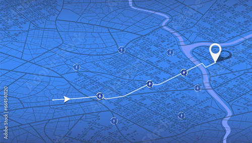 Location EV charging station location mark on gps navigation map a lot with fast supercharger station. Path turns and destination tag or mark. Huge city top view Tracking path, route. vector isometric
