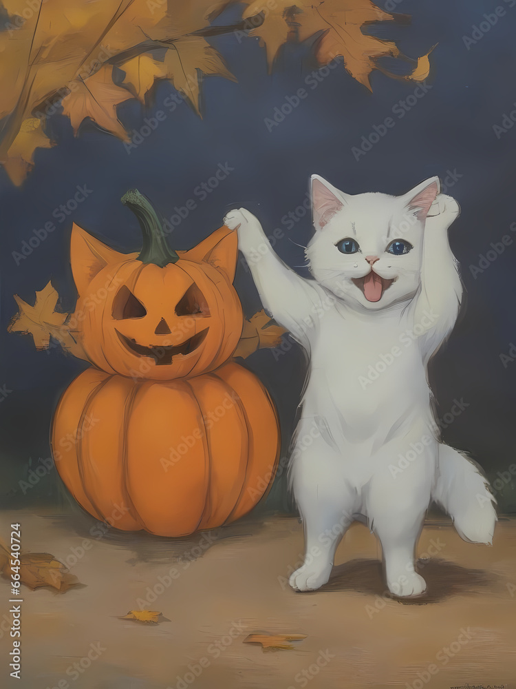 Fototapeta premium Cat are happy with its pumpkin in halloween, generative by AI