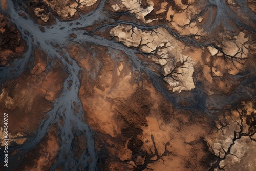 A striking aerial shot displaying a polluted river, its once-clear waters now tainted with metallic waste from nearby metallurgical plants, showcasing the visible impact of industrial pollution.