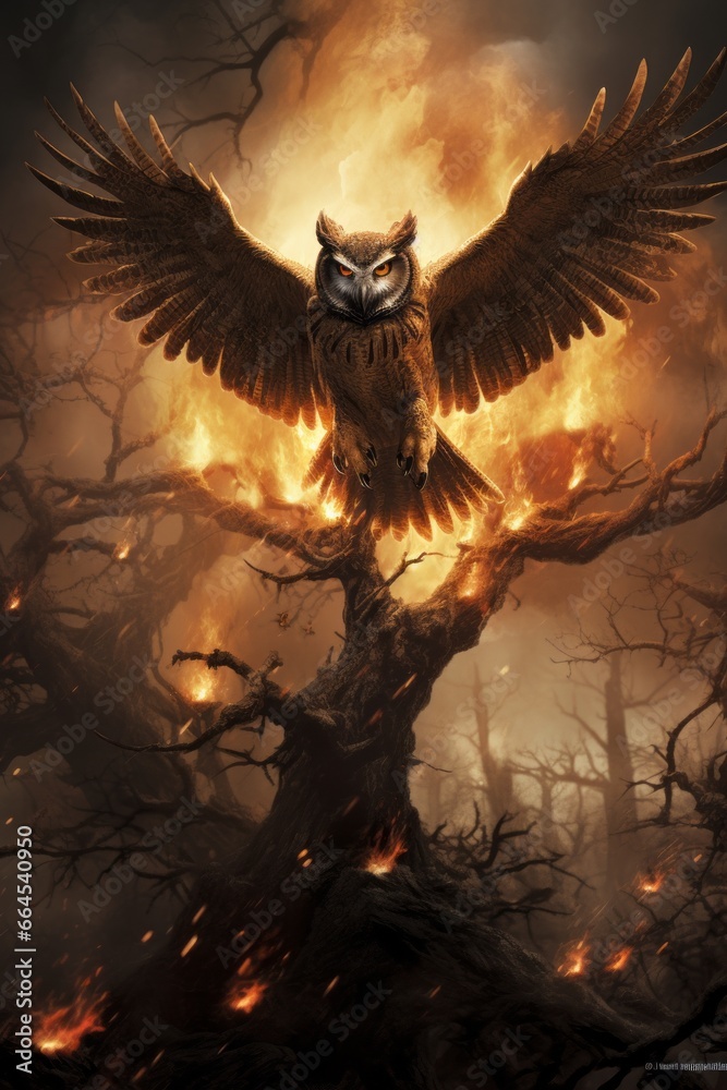 A haunting image of an owl launching into the sky from a smoldering tree, emphasizing the dire circumstances that force even nocturnal creatures to flee their habitats.