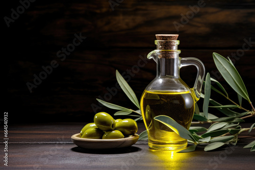 Olive oil and olive fruit on the table close up