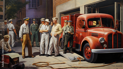 1940s fire station, 1940s painting. Generative AI