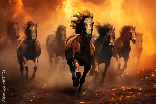 A dramatic photograph displaying a group of wild horses galloping through the scorched landscape, their manes billowing in the wind as they escape the encroaching flames. photo