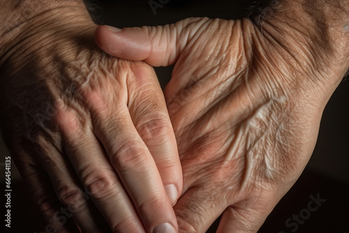 Hands of a old person close up. Detailed texture of human skin #664541135