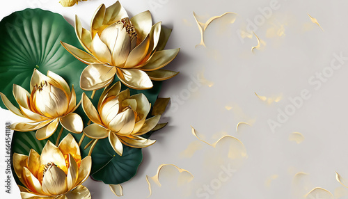 Golden lotus flowers and green leaves on a white background