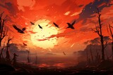 A striking shot of a flock of birds urgently taking flight from the burning treetops, their wings silhouetted against the orange hues of the inferno.
