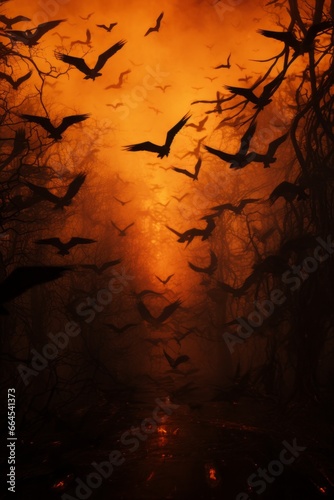 A striking shot of a flock of birds urgently taking flight from the burning treetops, their wings silhouetted against the orange hues of the inferno.