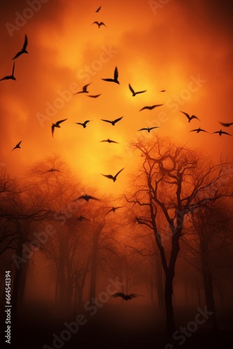 A striking shot of a flock of birds urgently taking flight from the burning treetops, their wings silhouetted against the orange hues of the inferno. © Oleksandr