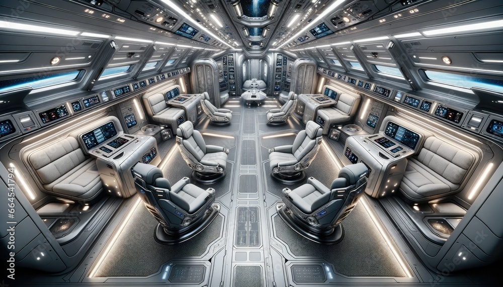 Spacious spaceship cabin, equipped with high-tech amenities, comfortable seating areas, and state-of-the-art communication systems. Overhead compartments and metallic surfaces. Spacious spaceship cabin, equipped with high-tech amenities, comfortable seating areas, and state-of-the-art communication systems. Overhead compartments and metallic surfaces.