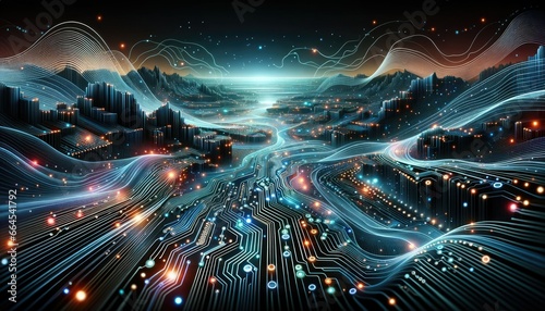 Illustration of abstract microchip technology. The design showcases intricate circuits, glowing nodes, and dynamic data streams flowing across the canvas, capturing the essence of advanced tech.