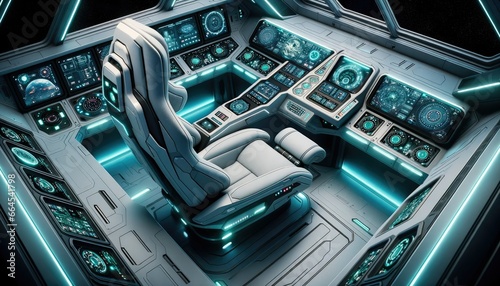 Spaceship cockpit, featuring ergonomic seats, interactive control panels, and a futuristic heads-up display. The design is sleek and streamlined. © Tom