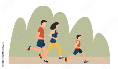 Active family ruining together. Healthy lifestyle. Vector flat illustration