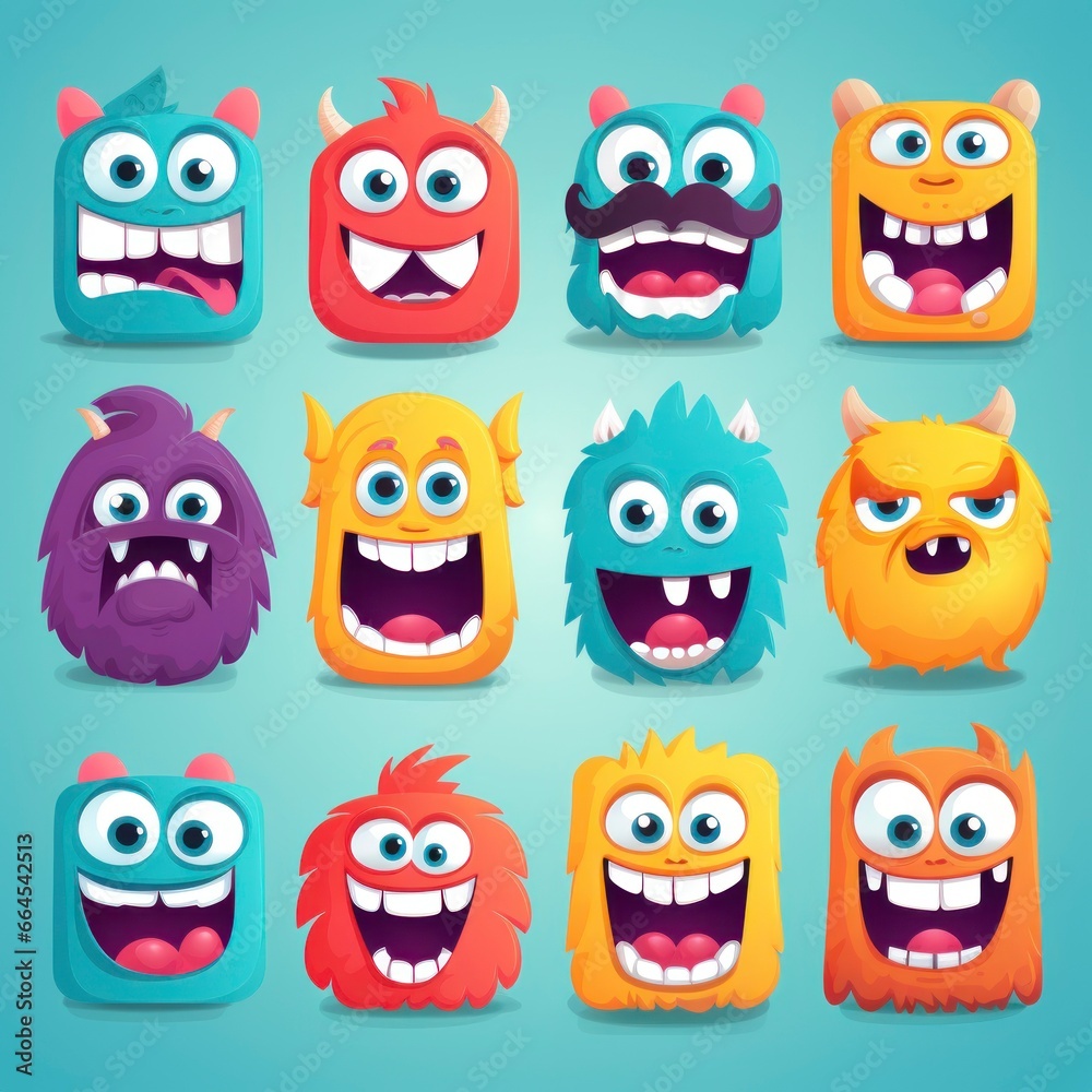 Cartoon style caricatures, happy, brave, scared, serious., many colors Cartoon style caricatures, happy, brave, scared, serious., many colors