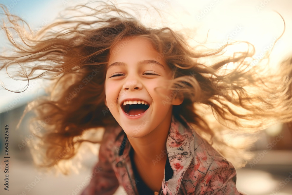 Curly little girl with hair flying in the wind. Freedom, healthy, lifestyle concept.