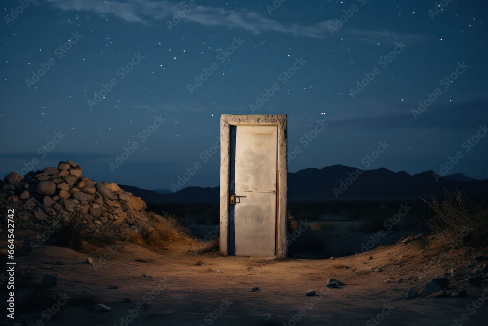 portal door frame free standing in the middle of nowhere in pastel landscape nature fantasy concept surreal  in magazine cover editorial textured film look