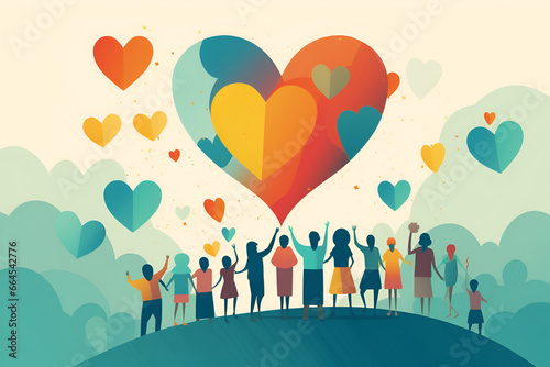 Charity illustration concept with abstract  diverse persons  hands and hearts