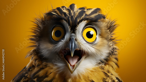 An isolated studio portrait captures the astonishing expression of an owl against a vibrant yellow backdrop