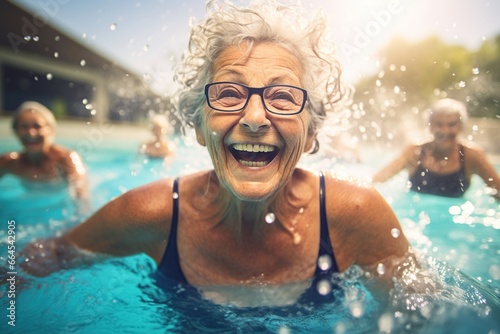 Senior women having fun in the pool while exercising