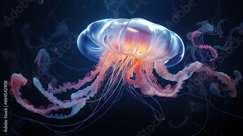  a jellyfish is swimming in the water with its tentacles exposed.  generative ai © Anna