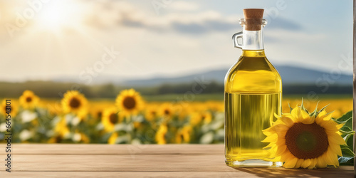 Transparent bottle of oil stands on a wooden table on of a field of sunflowers at background