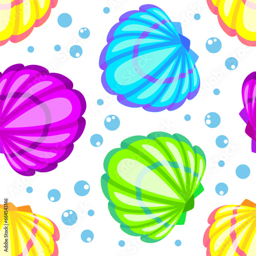 Colorful seashell and bubbles cartoon seamelss pattern. Vector illustration