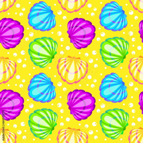 Colorful seashell and bubbles cartoon seamelss pattern. Vector illustration