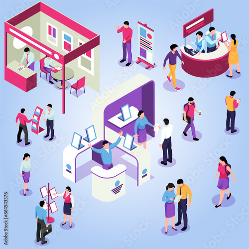 vector isometric expo flowchart composition with isolated set of exhibit booths stands people and stage for performance