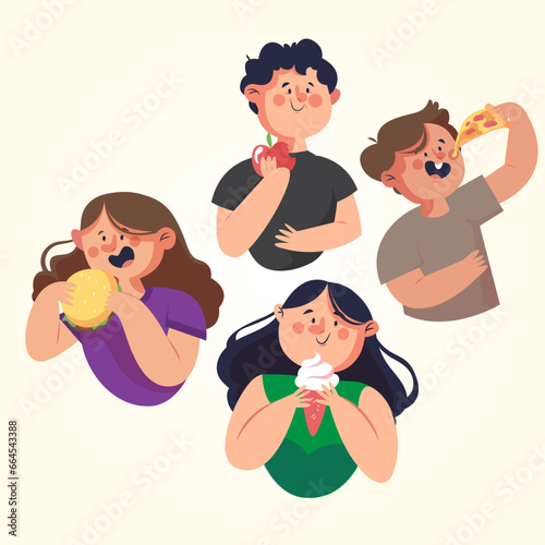 people eat international no diet day illustration. group young people eating junk food or fast food.